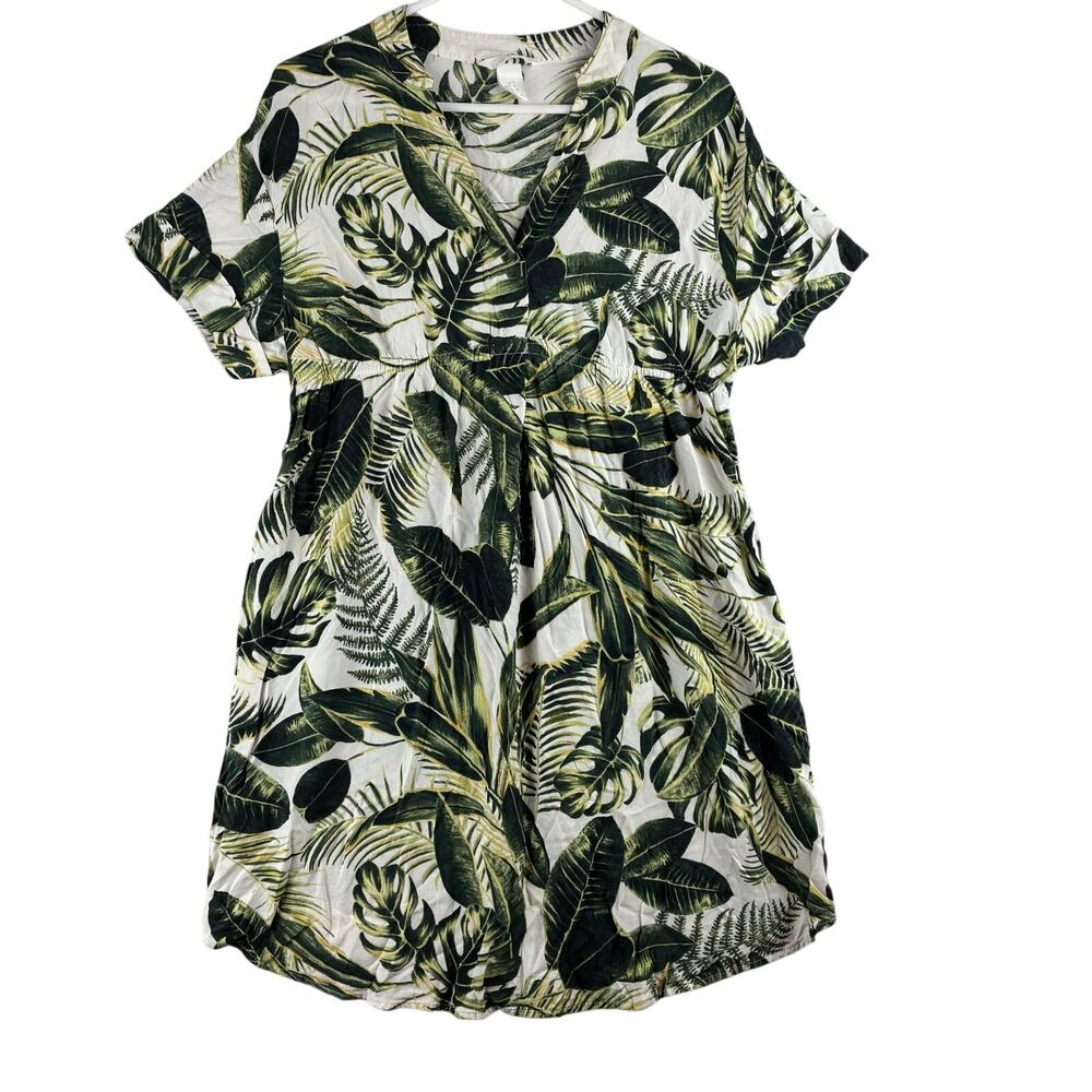 H&M White Midi Dress with Green Leaf Print